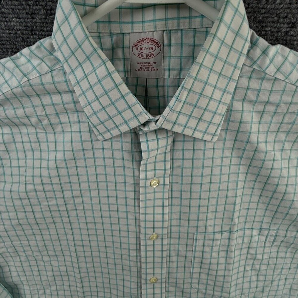Brooks Brothers Cotton Green Check 16.5 34 Non-Iron Spread Traditional Button Up